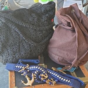 Black and Brown Knit Bags with Blue Nautical Belt